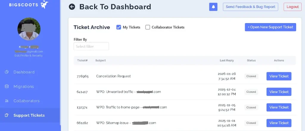 Dashboard for BigScoots Hosting Review